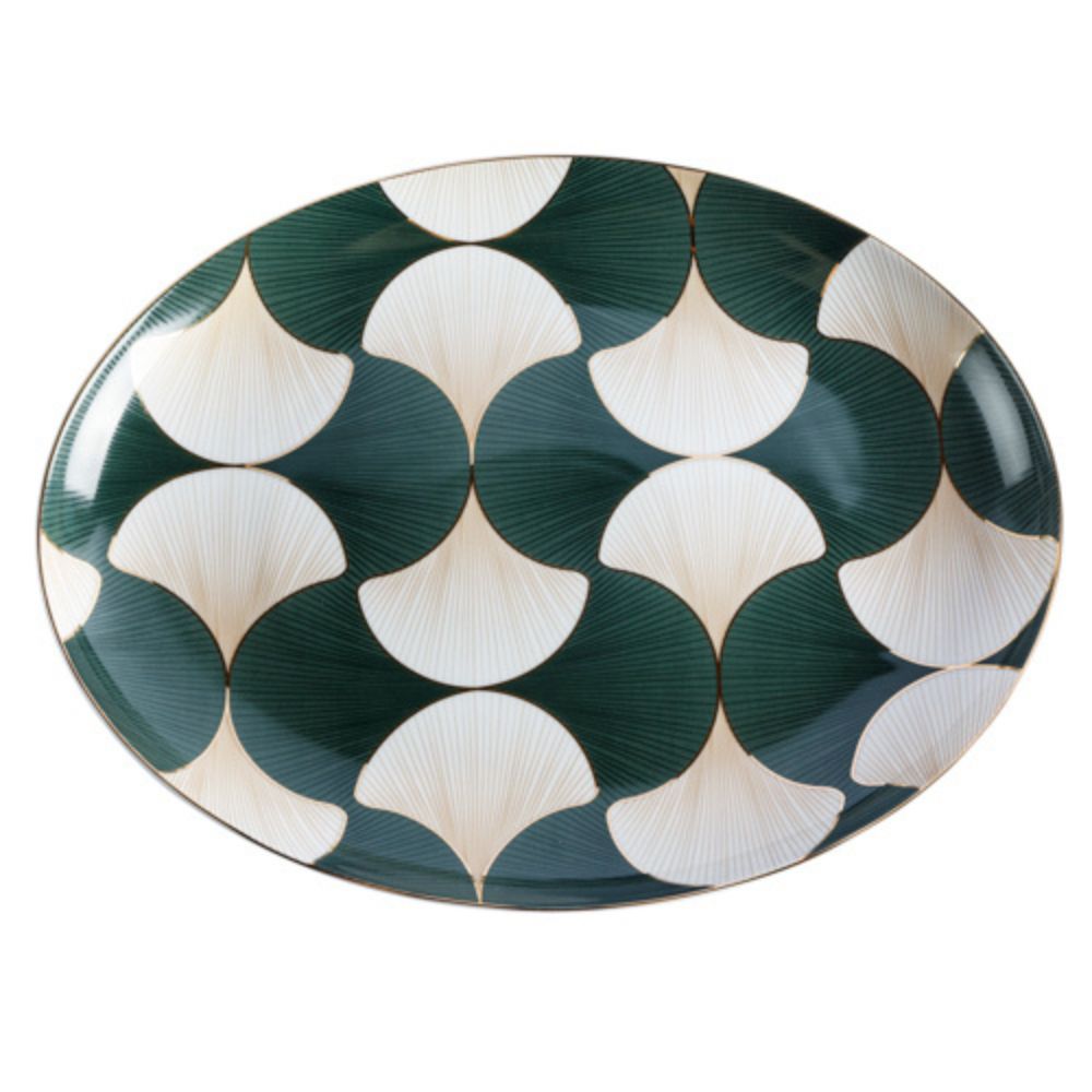 Travessa Oval Rasa de Porcelana Portuguesa Folhas de Gingko