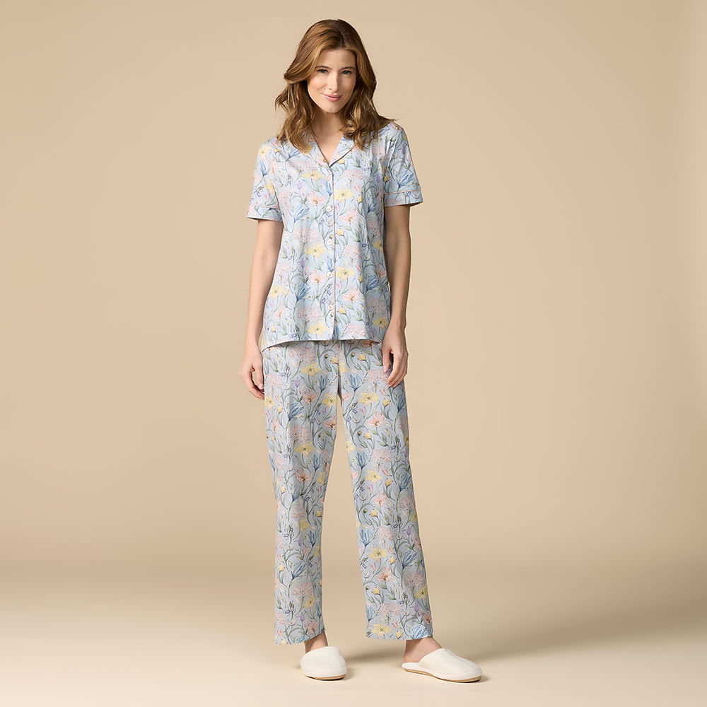 Pijama Feminino Longo em Algodão Pima Estampado Camelia